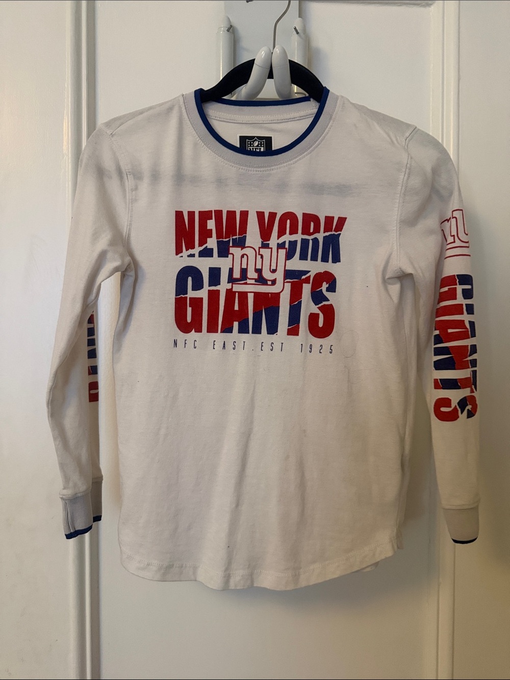 NFL White Long Sleeve Tee with Red & Blue New York Giants Graphics